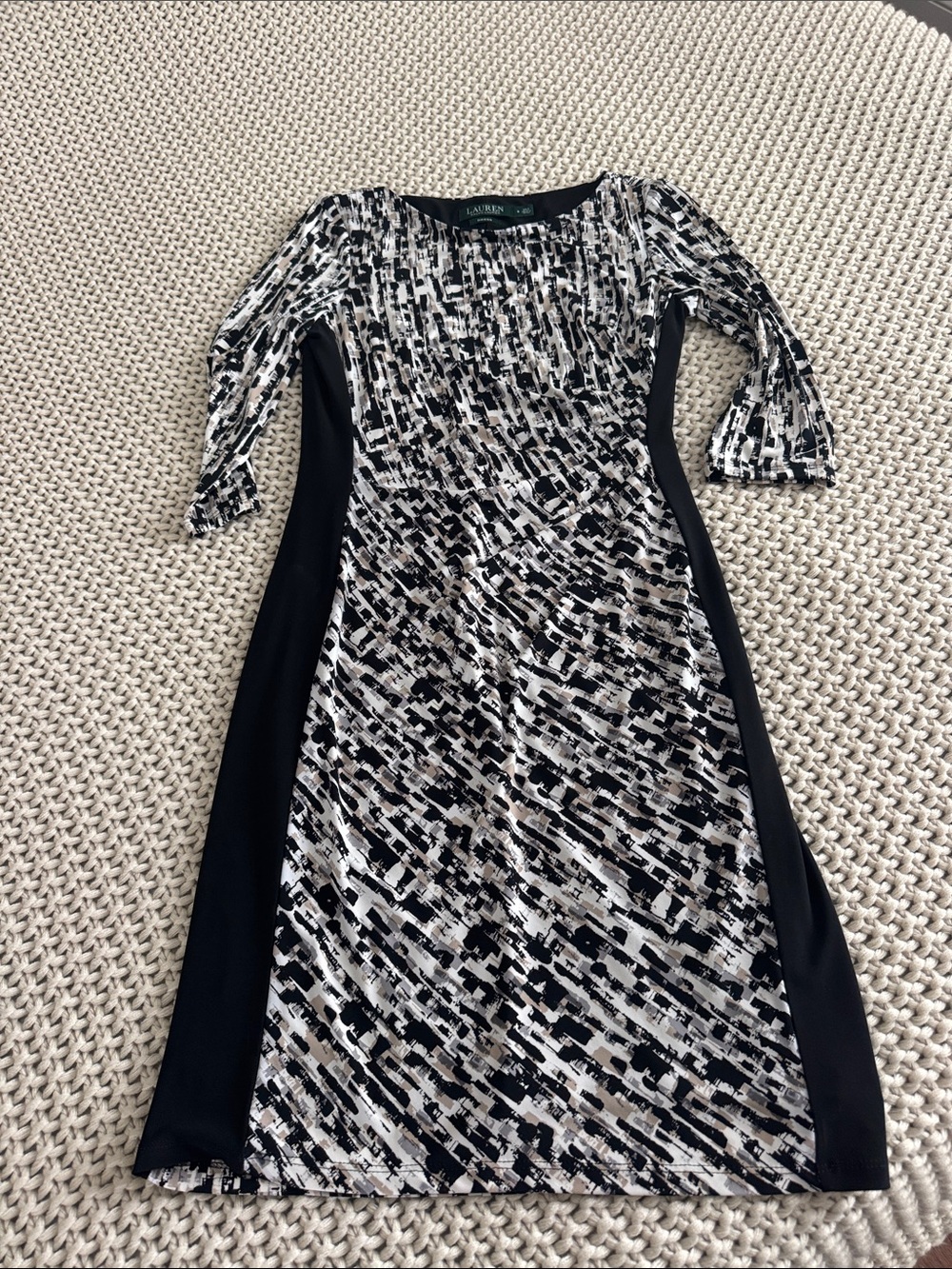 Lauren Ralph Lauren Black, White & Taupe Printed Midi Sheath Dress